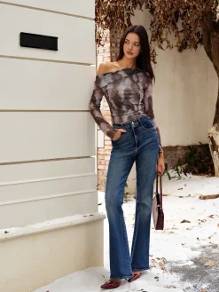 Asymmetrical Printed Crop Mesh Top