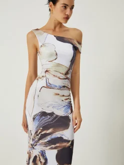 Asymmetrical Printed Off-Shoulder Slim Long Dress
