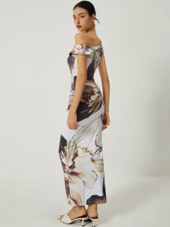 Asymmetrical Printed Off-Shoulder Slim Long Dress