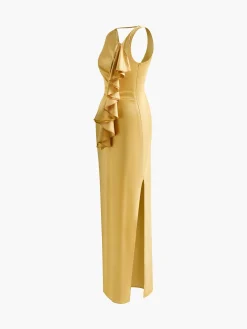 Asymmetrical Ruffle Backless Long Dress
