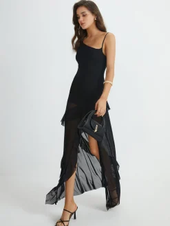 Asymmetrical Ruffle Net Long Dress