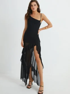 Asymmetrical Ruffle Net Long Dress