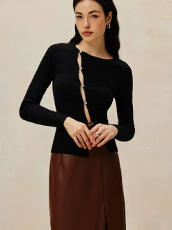Asymmetrical Split Button Knit Top