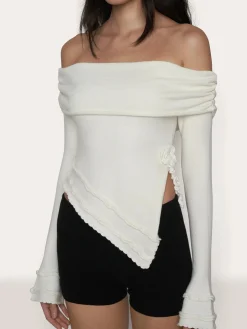Asymmetrical Split Off Shoulder Floral Cable Knit Top