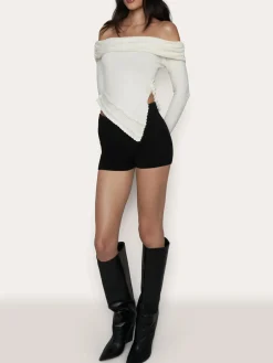 Asymmetrical Split Off Shoulder Floral Cable Knit Top
