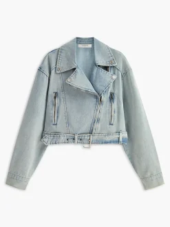 Asymmetrical Zipper Belted Denim Jacket