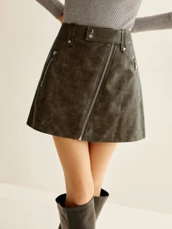 Asymmetrical Zipper Pockets Faux Leather Skirt