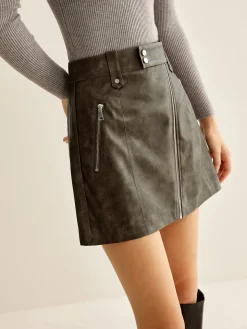 Asymmetrical Zipper Pockets Faux Leather Skirt