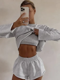 Athleisure Long Sleeve Three Piece Shorts Set