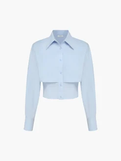Baby Blue Open Collar Double Layer Crop Shirt