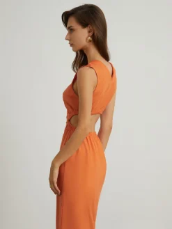 Back Cutout Linen Midi Dress