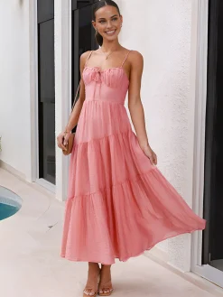 Back Smocking Design Tiered Cami Long Dress