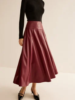 Back Zipper Pleated Faux Leather Skirt