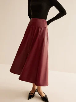 Back Zipper Pleated Faux Leather Skirt