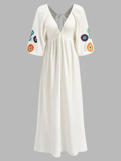 Backless Embroidery V-Neck Floral Dress
