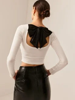 Backless Pleated Bow Crop T-Shirt