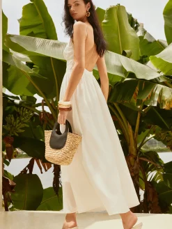 Backless Pleated Deep V-Neck Dress