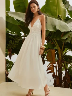 Backless Pleated Deep V-Neck Dress