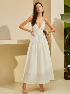 Backless Pleated Deep V-Neck Dress
