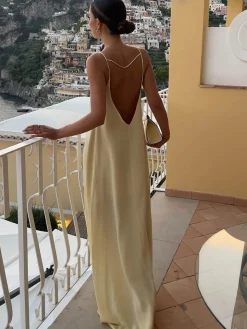 Backless Vacation Satin Long Dress