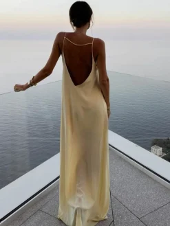 Backless Vacation Satin Long Dress