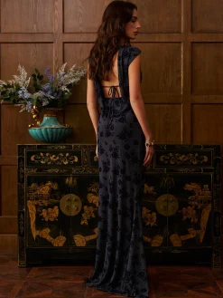 Backless Velvet-Floral Pleated Skirt Set