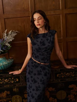 Backless Velvet-Floral Pleated Skirt Set