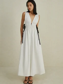 Backless V-neck Drawstring Long Dress
