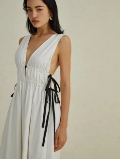 Backless V-neck Drawstring Long Dress