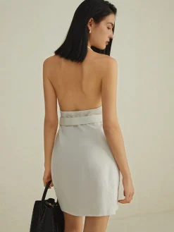 Backless V-Neck Short Dress With Belt