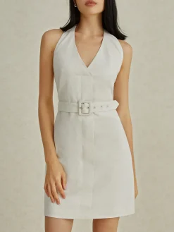 Backless V-Neck Short Dress With Belt