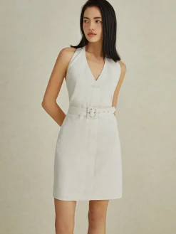 Backless V-Neck Short Dress With Belt