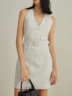 Backless V-Neck Short Dress With Belt