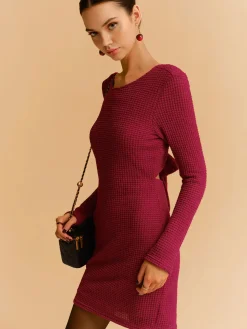Backless Waffle Bow Knit Short Dress