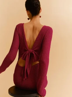 Backless Waffle Bow Knit Short Dress