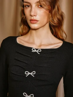 Beaded Bow Pleated Slit Knit Top