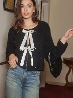 Beaded Decor Bow Knit Top