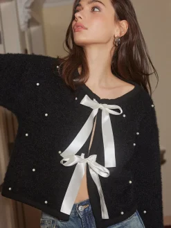 Beaded Decor Bow Knit Top