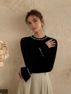 Beaded-Decor Ruffle Knit Top