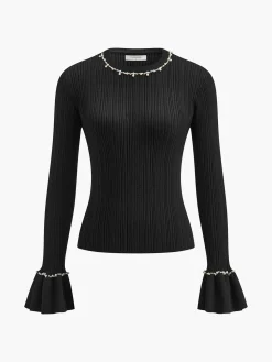 Beaded-Decor Ruffle Knit Top