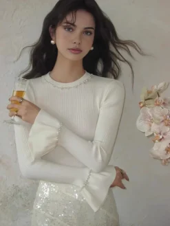 Beaded-Decor Ruffle Knit Top