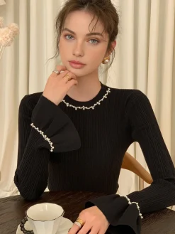 Beaded-Decor Ruffle Knit Top