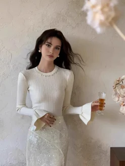 Beaded-Decor Ruffle Knit Top