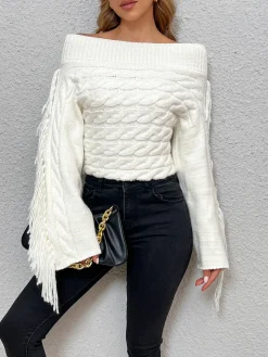Beheme Off-Shoulder Tassel Sweater