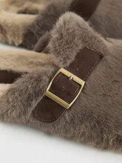 Belt-Design Furry Mule Slippers