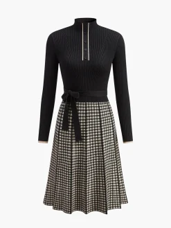 Belted Plaid Panel Sweater Dress