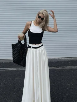 Belted Pleated Long Skirt