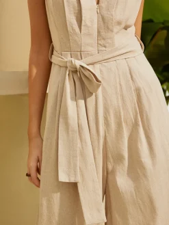 Belted Ruched V-Neck Jumpsuit