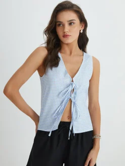 Blue Gingham Tie Front Top