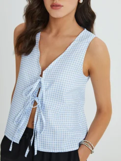 Blue Gingham Tie Front Top